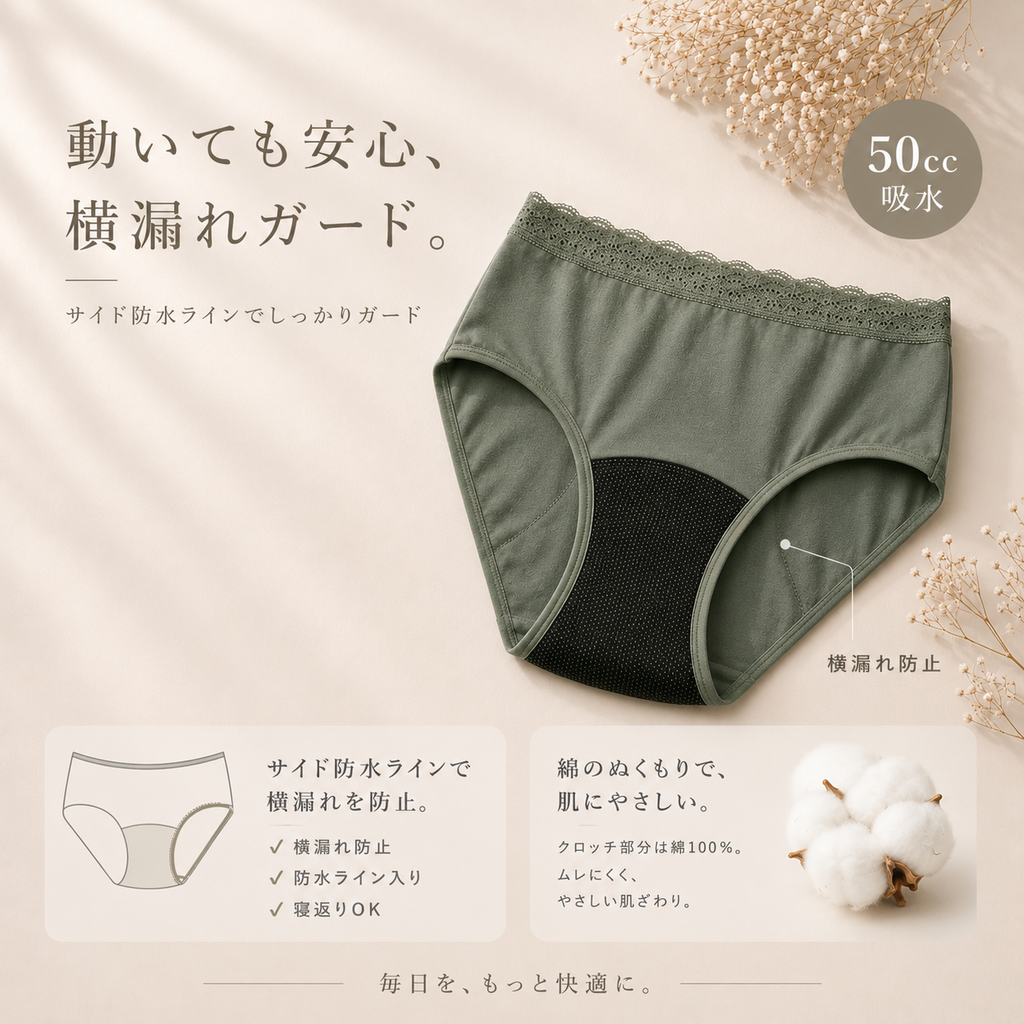 【助産師監修】生理の時も身体を冷やさない吸水ショーツ モレナージュ（旧:めぐり）