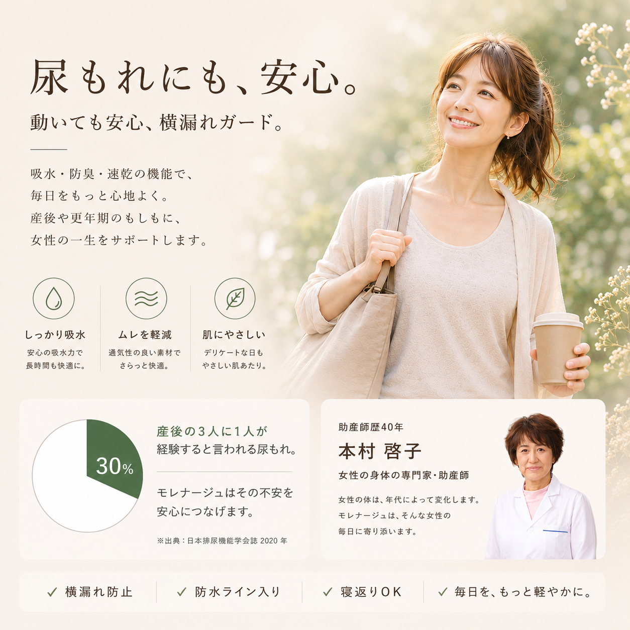 【助産師監修】生理の時も身体を冷やさない吸水ショーツ モレナージュ（旧:めぐり）
