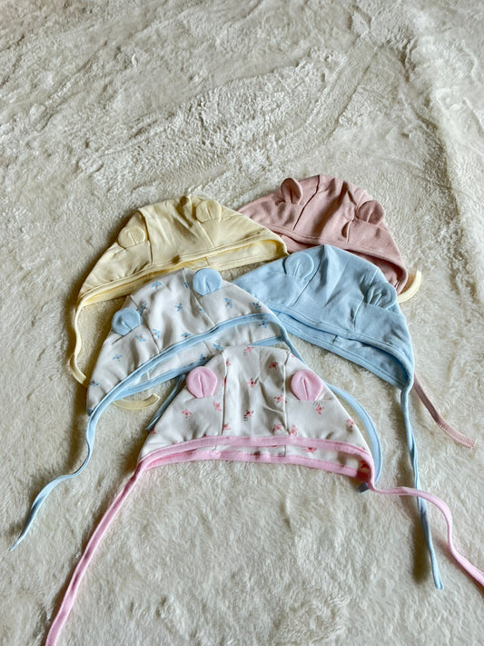 くまみみボンネット帽子（耳つきベビー帽）