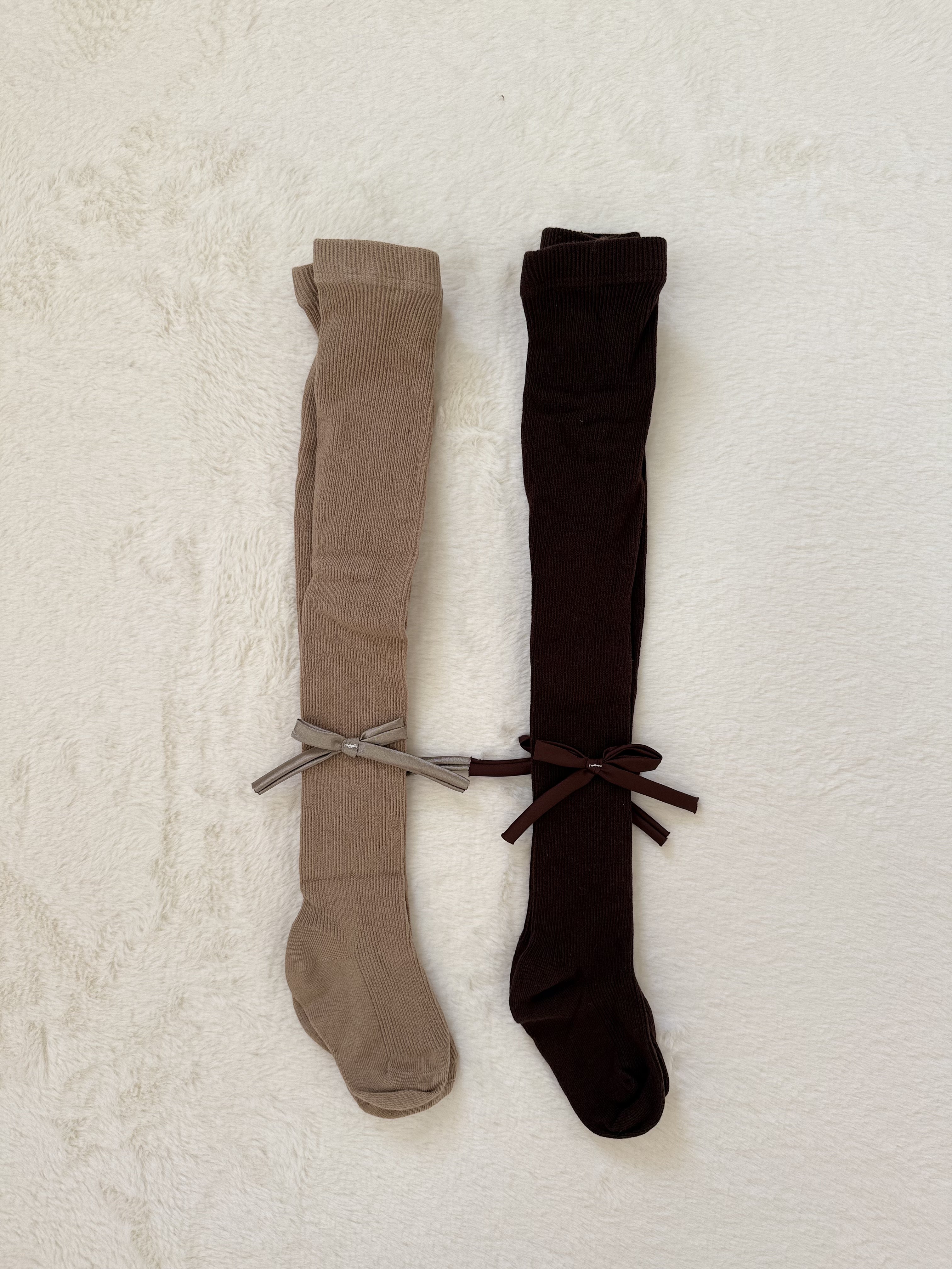 リボン付きリブ編みタイツ 伸縮性あり・73cm・2色展開