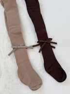 リボン付きリブ編みタイツ 伸縮性あり・73cm・2色展開