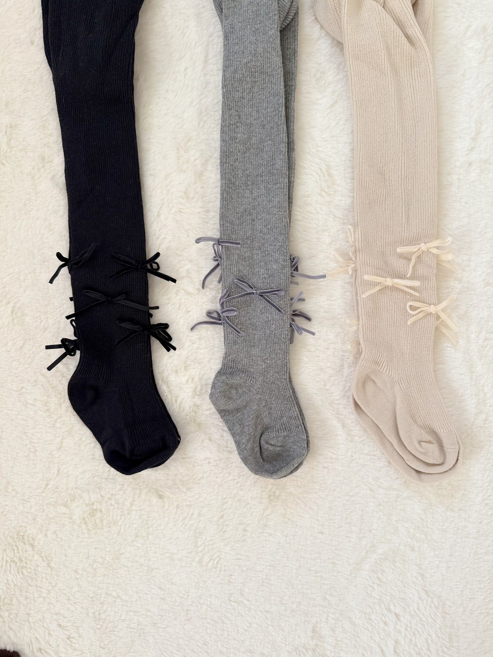 サイドリボン付きリブタイツ クロスデザイン・伸縮性あり・3色展開