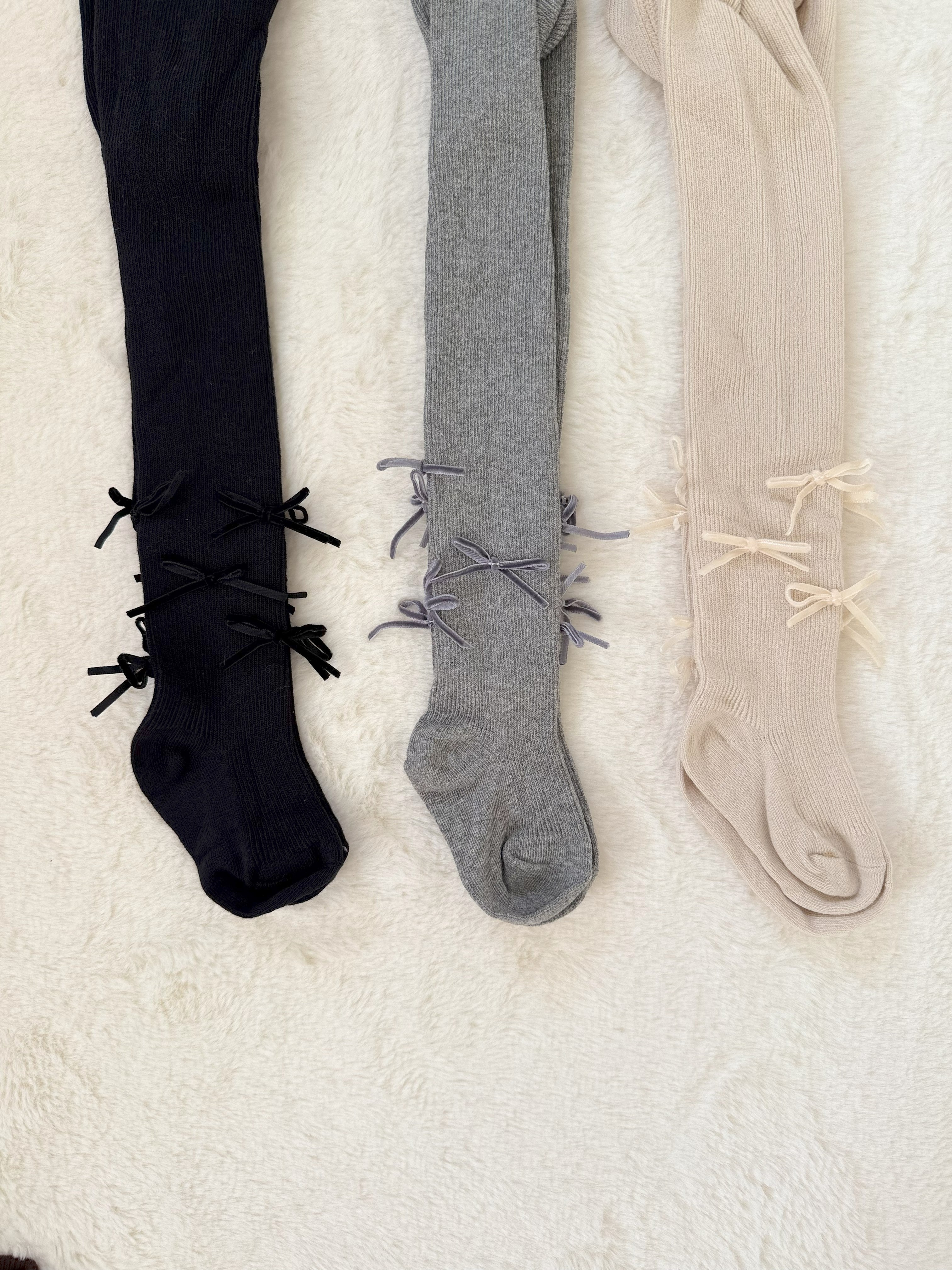 サイドリボン付きリブタイツ クロスデザイン・伸縮性あり・3色展開