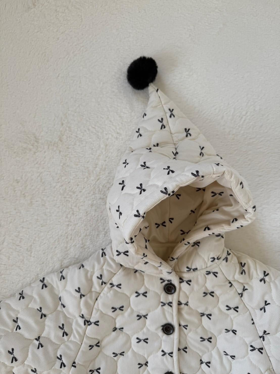リボン柄キルティングジャケット フード付き・冬用中綿コート